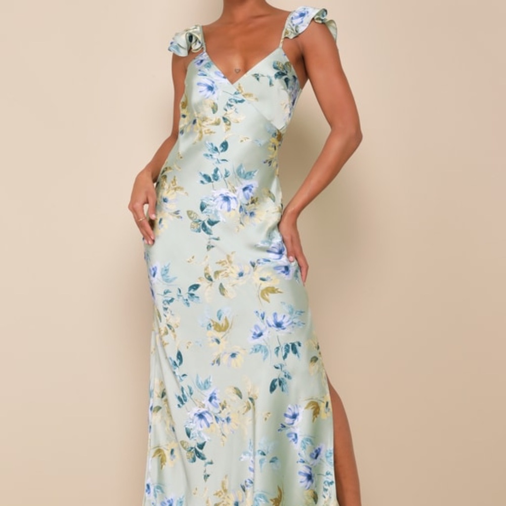 Lulus Captivating Grace Sage Green Floral Satin Ruffled Maxi Dress - Size S